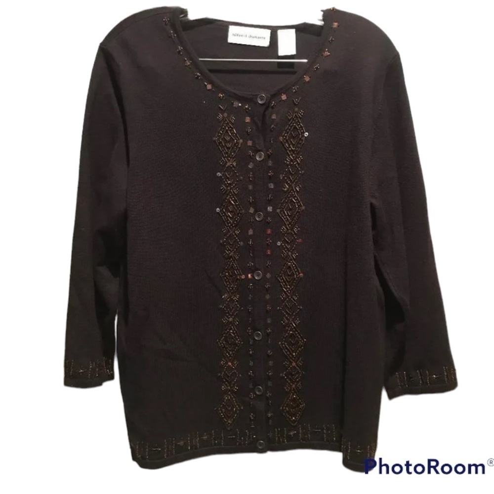 Alfred Dunner Women’s Bella Luna Brown Beaded Embellished Button Down Cardigan